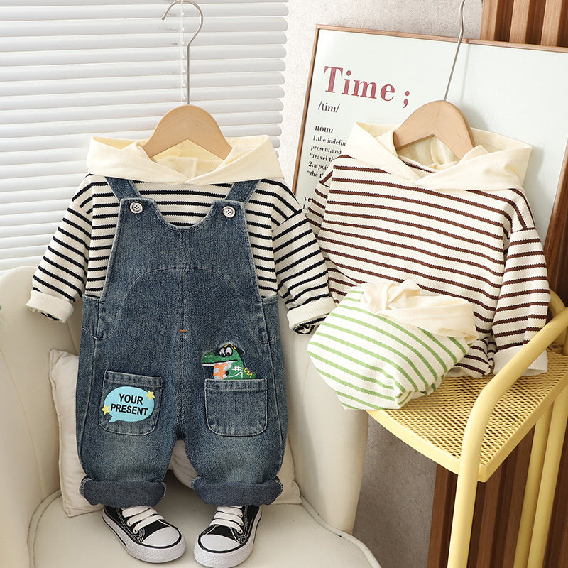 Boys' Spring and Striped Dinosaur Overalls Set 2023 New Baby Children's Clothing Toddler Autumn Fashionable