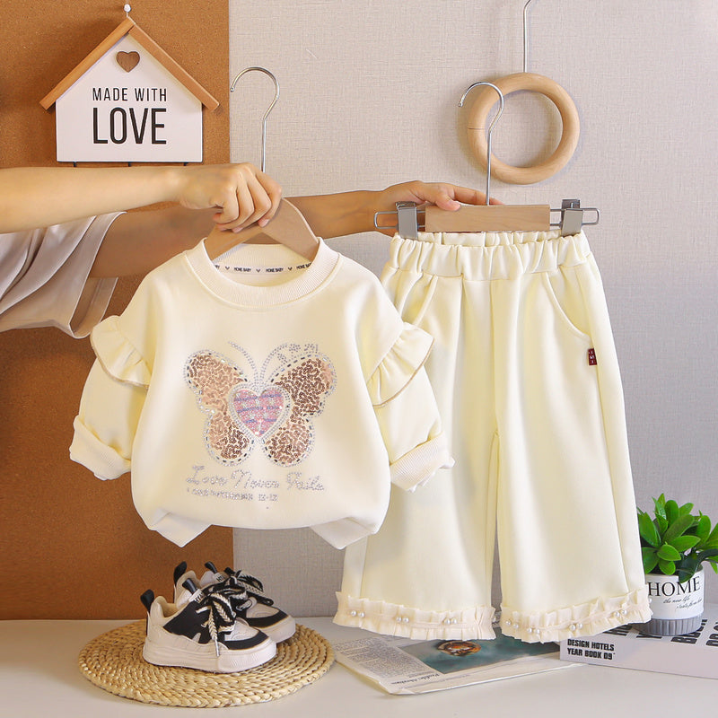 Baby Girl Spring and Outfit Set 2026 New Fashionable Girls' Rhinestone Cute Butterfly Two-Piece Autumn Clothes Trendy