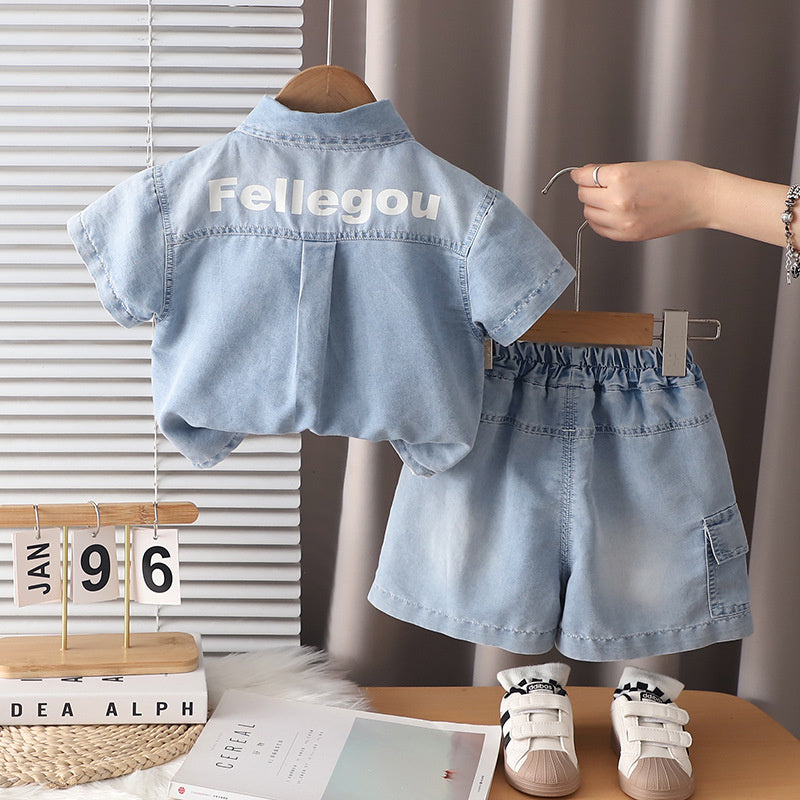 Children's Outfit 2026 Summer New Korean Style Boys' Stylish Short-Sleeve Letter Denim Baby Three-Piece Set
