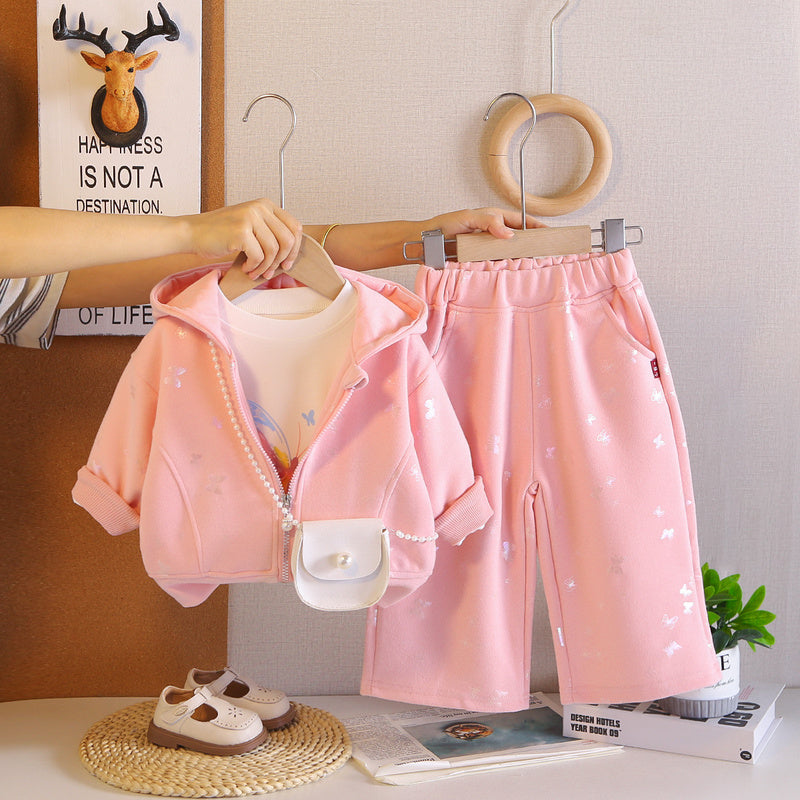 Girls' Spring and Autumn Outfit 2026 New Fashionable Baby Butterfly Crossbody Bag Three-Piece Set Infant Casual Trendy Wholesale