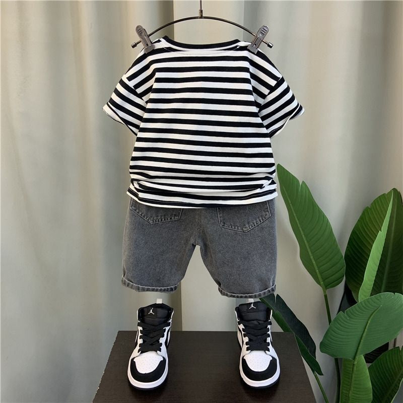 Outfit 2024 New Trendy Boys' Internet Celebrity Streetwear Children's Baby Fashion Brand Short Sleeve Summer Clothes