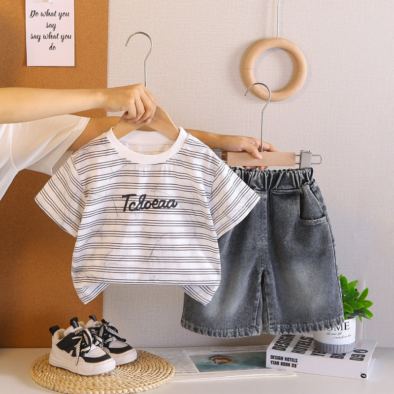 Striped Letter Baby Set for Boys, Children's Summer Stylish Outfit, Trendy T-shirt 2026 New Short Sleeve Clothes