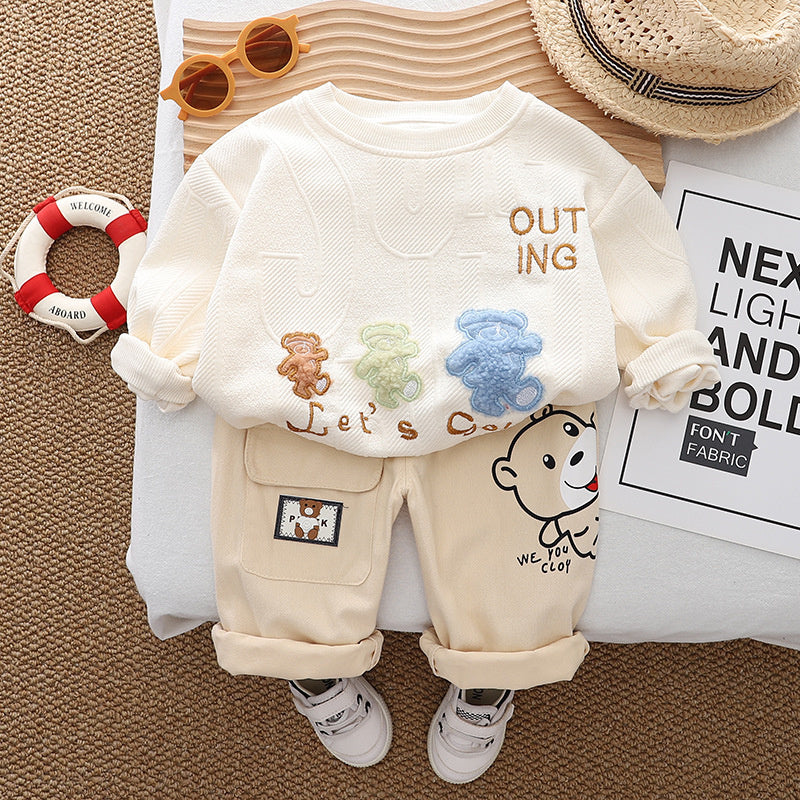 Infant Spring and Autumn Round Neck Children's Clothing Boys New Long Sleeve Three Bears Sweatshirt Two-Piece Set One Piece Dropshipping
