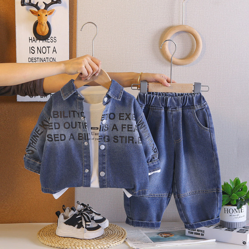 Boys' Outfit 2026 New Korean Style Gradient Denim Jacket Three-Piece Set Children, Trendy Spring and Autumn Clothes for Babies