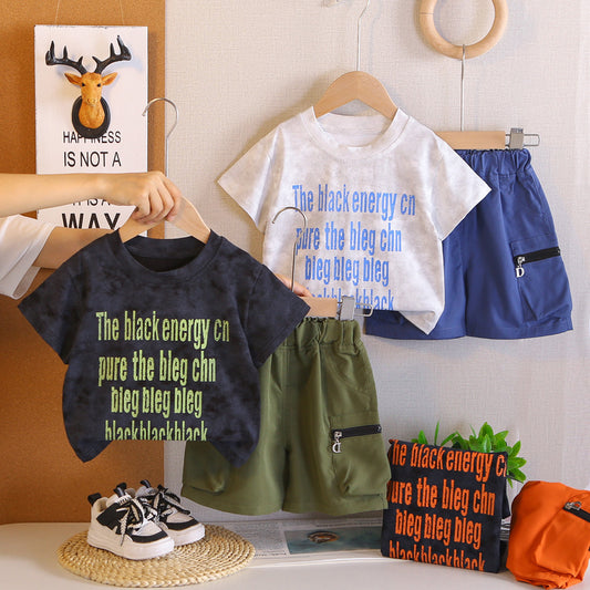 Children's 2026 New Summer Style Boys, English Pocket Pants Short-Sleeve Two-Piece Set for Toddlers and Young Children