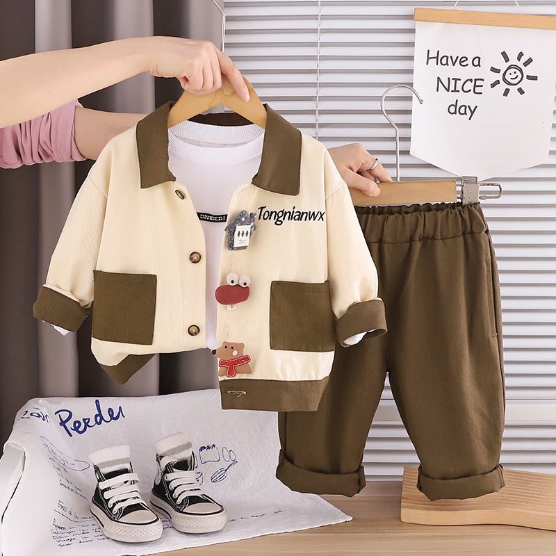 Boys' Color-Block Outfit, Children's 2026 Fashionable Baby New Three-Piece Set, Spring and Autumn Cartoon Jacket with Long Sleeves