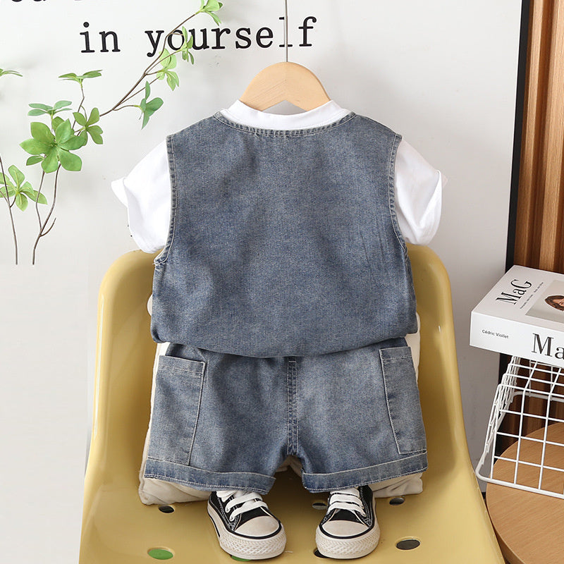 Boys' clothing 2026 new stylish casual summer outfit for toddlers, Korean-style sports denim vest three-piece set trendy