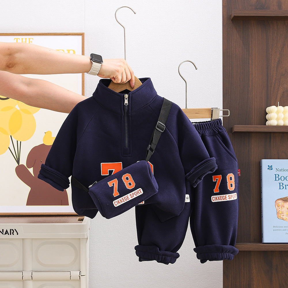 Boys Suit Casual New 2025 Autumn and Winter Clothing Children's Half Zipper Sports Sweatshirt Two-piece Set