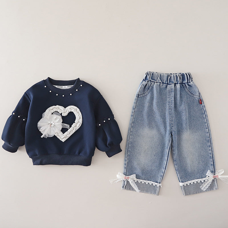 Girls' Outfit 2026 New Fashionable Baby Spring Autumn Heart-Shaped Lace Two-Piece Set for Infants and Girls