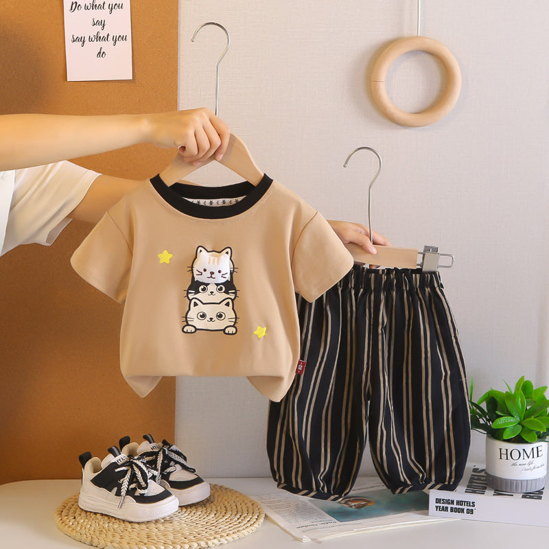 Boys' Summer Outfit Cartoon Kitten Short Sleeve 2026 New Fashionable Children's Baby Striped Shorts Two-Piece Set Trendy