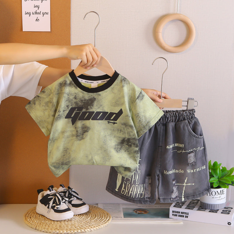 New stylish outfit boys, thin two-piece set with gradient letter print short sleeves, trendy summer clothing for babies