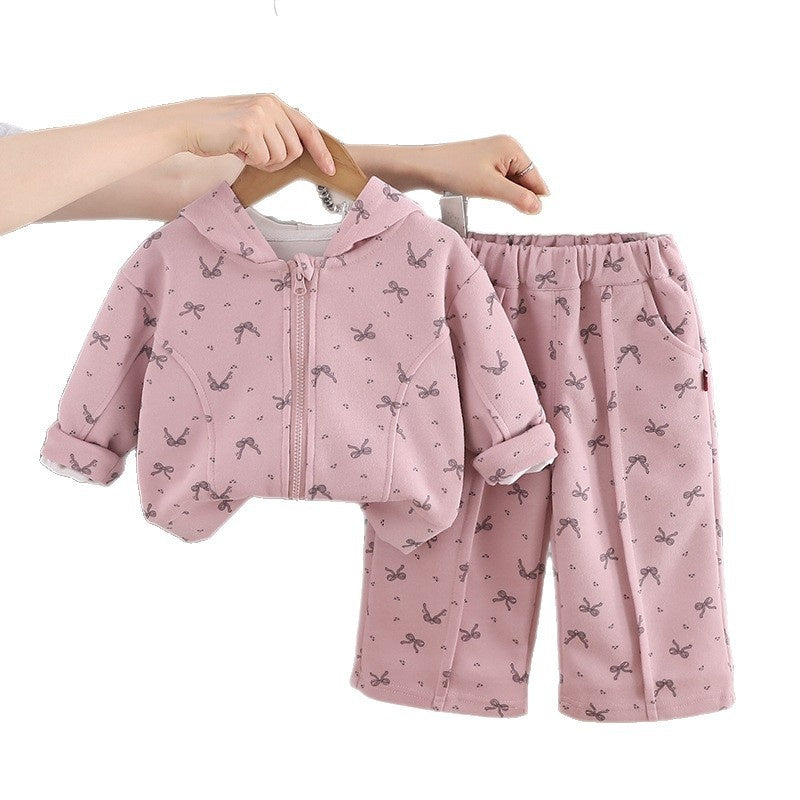 Girls' Outfit 2026 New Fashionable Bowknot Hooded Zipper Jacket Two-Piece Set for Toddlers in Autumn