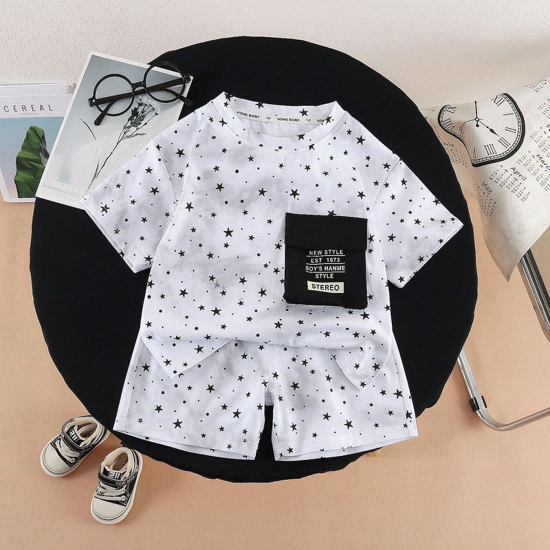 Boys' Outfit with Star Print Short Sleeve 2026 New Fashionable Two-Piece Set for Children's Summer Casual Wear