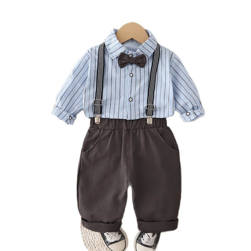 Boys' Autumn Outfit 2026 New Fashionable Baby Spring/Autumn Stylish Vertical Striped Overalls Two-Piece Set Trendy Wholesale
