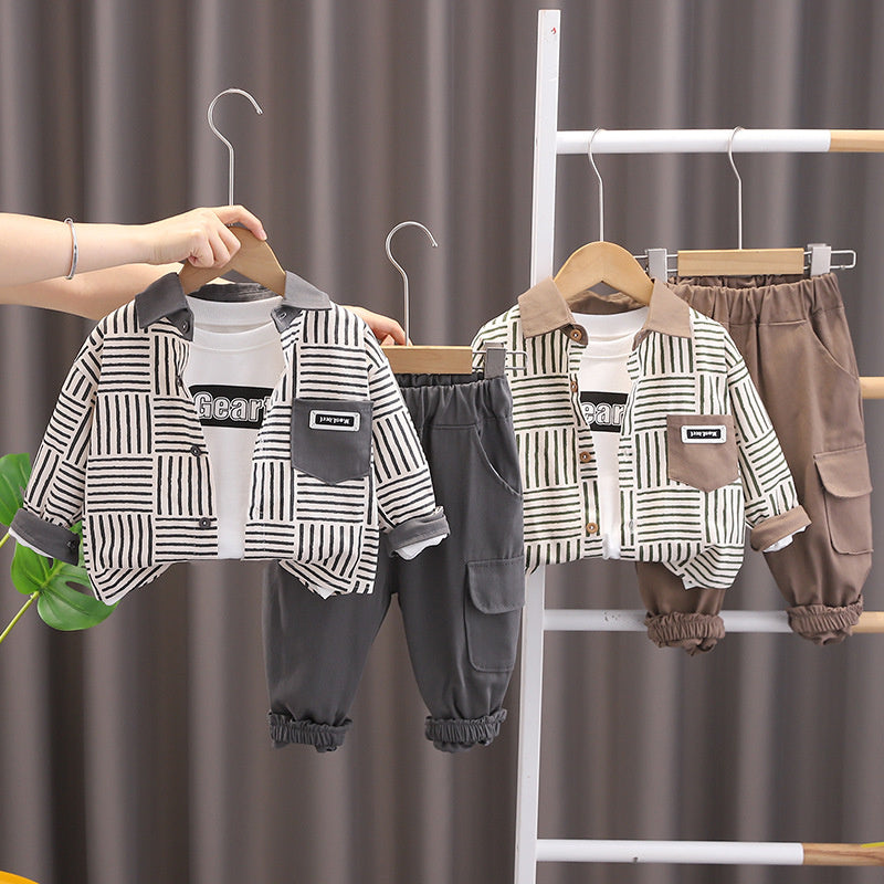 Boys' Trendy Clothing 2 Spring and 1 Year Old 3 Baby Autumn Striped Shirt Three-Piece Set Infant Children's Clothes 4