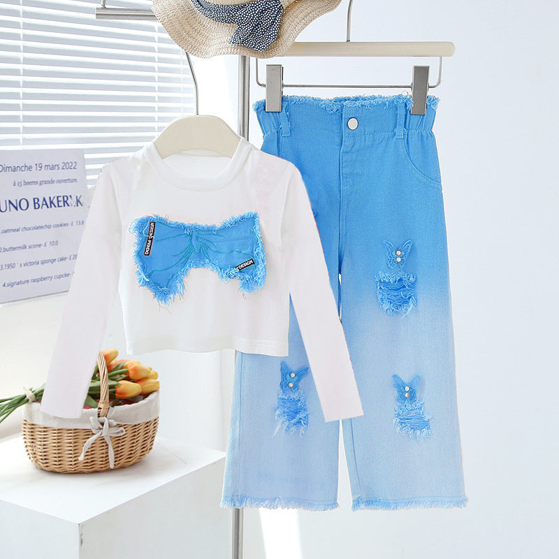 Outfit 2025 Children's Sleeveless Ripped Jeans Two-Piece Set for Big Girls Summer Fashion