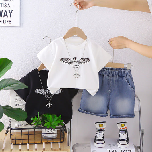 Boys' Wing Short Sleeve 2026 New Korean Style Thin Summer Outfit for Young Boys, Trendy and Cool Two-Piece Set