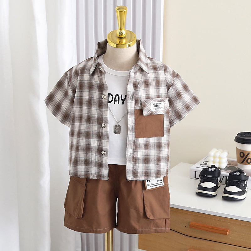 Boys' Outfit 2026 New Children's Clothing Summer Thin Baby Patchwork Shirt Short Sleeve Three-Piece Set Trendy
