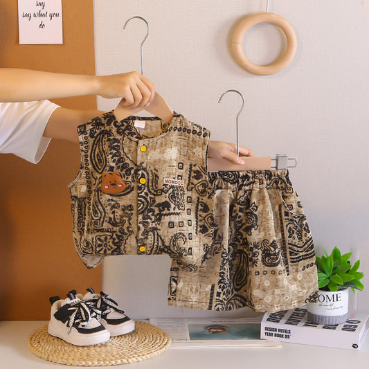 Boys' Outfit 2026 New Fashionable Bear Head Sleeveless Two-Piece Set Boys, Stylish Summer Clothes for Baby Boys