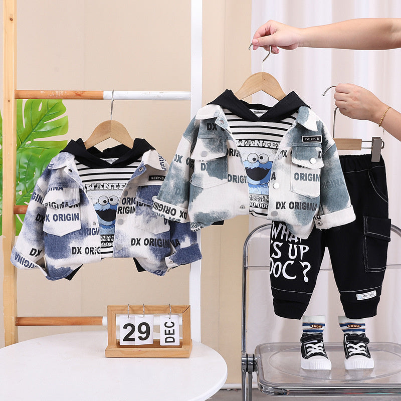 Jacket 2024 New Style Boys' Spring and Autumn Fashionable Letter Print Cool Three-Piece Set