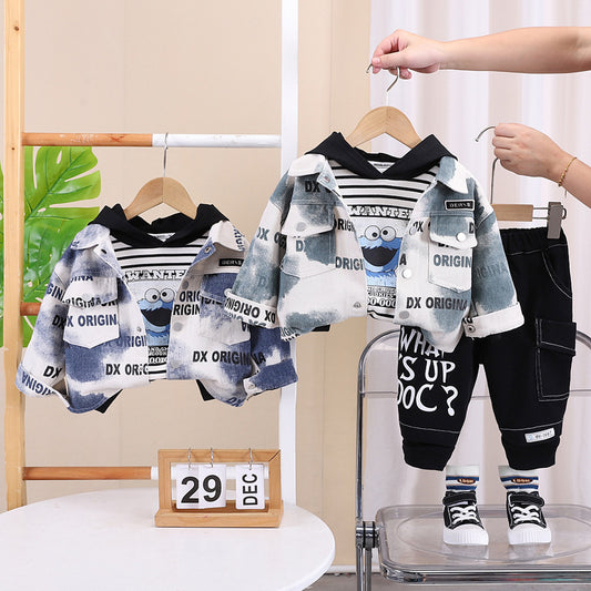 Jacket 2024 New Style Boys' Spring and Autumn Fashionable Letter Print Cool Three-Piece Set