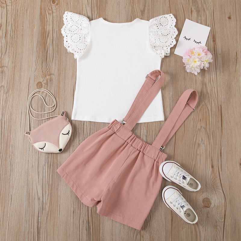 2022 European and American cross-border new children's clothing: solid color hollowed-out fly-sleeve round-neck top with detachable suspender shorts-skirt