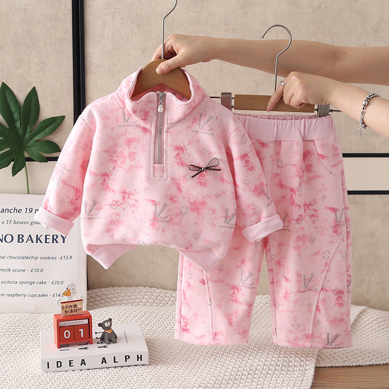 Girls' half-zip sweatshirt set, spring and autumn 2026 new style, fashionable children's casual two-piece outfit