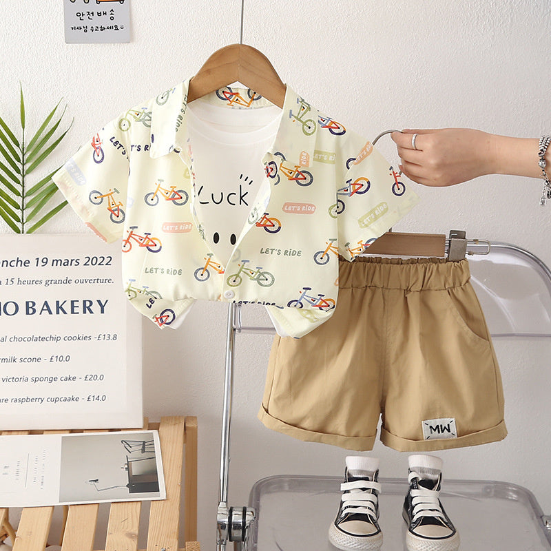 Boys' Outfit 2026 New Fashionable Baby Bicycle Short-Sleeve Shirt Three-Piece Set Summer Clothes Children's Wear