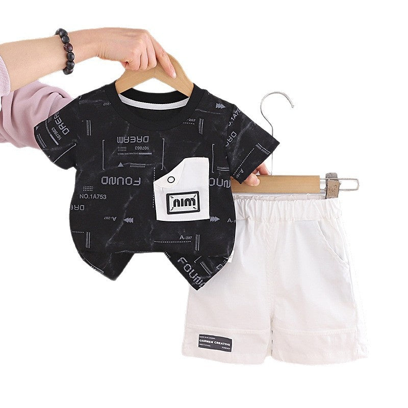 Boys' button pocket short-sleeve suit 2026 new style baby outfit infant children's clothing toddler summer clothes trendy