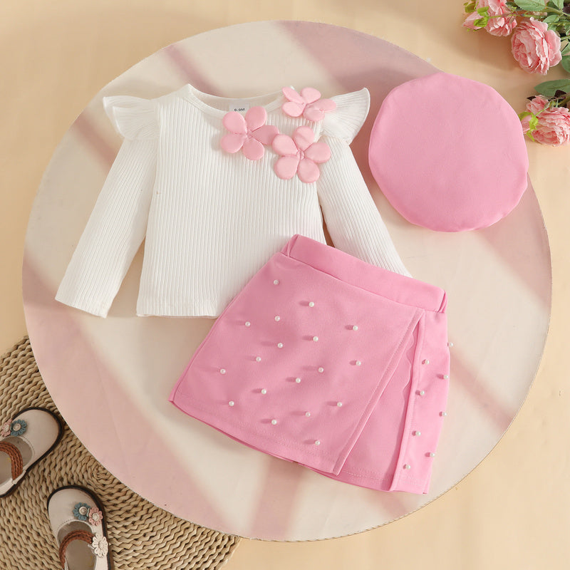 European and American Baby Sweet Girl Fashion Beret Embroidered Ribbed Top + Beaded Shorts Set Autumn Winter Skirt Pants