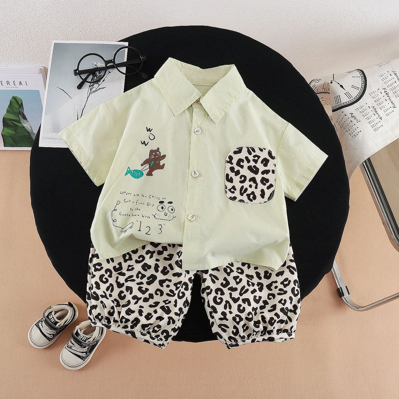 Baby boy outfit, stylish children's clothing for 1-3 year old boys, summer shirt with leopard print short sleeves, two-piece trendy set