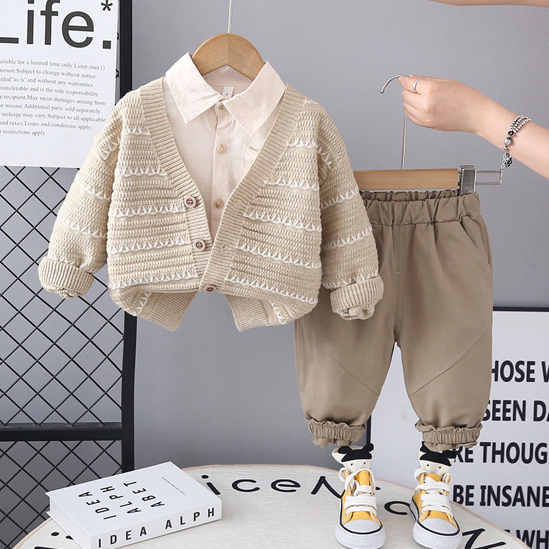 Spring and 2025 New Children's Clothing Baby Wave Sweater Three-Piece Set Boys' Autumn Clothes