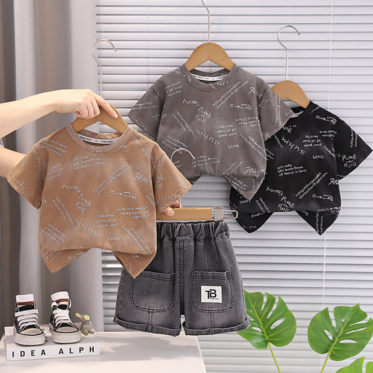 Boys' Summer Outfit 2026 New Fashionable Toddler Stylish Full-Print Small Letter Short-Sleeve Baby Two-Piece Set
