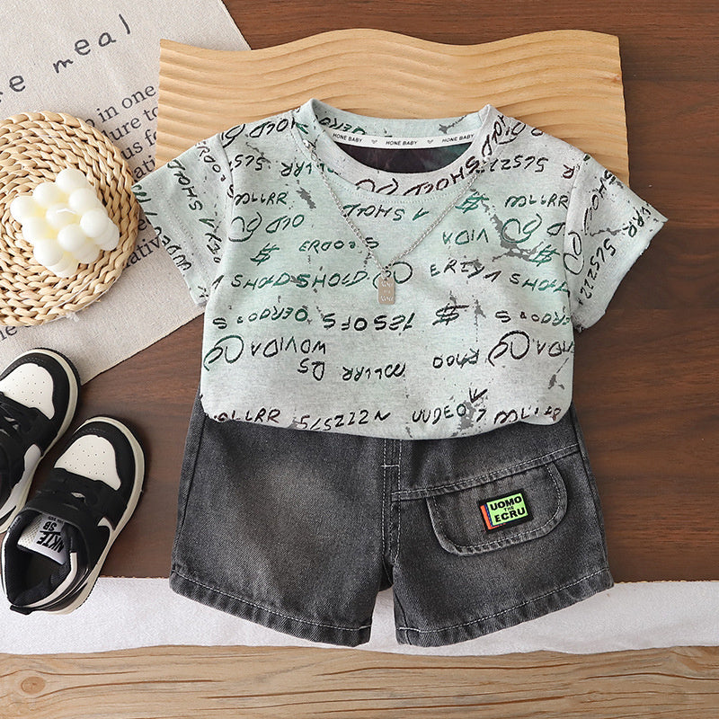 Boys' Outfit 2026 New Fashionable Toddler Baby Summer Clothes Full Print Small Letter Short Sleeve Two-Piece Set