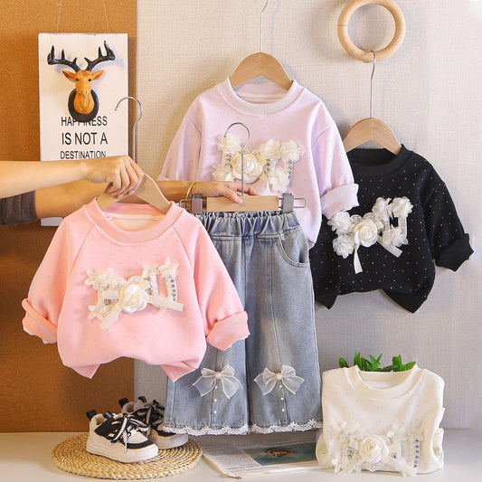 Outfit Set: Stylish Baby Girl Beaded Floral Sweatshirt Two-Piece Set for Infants Young Girls' Spring and Autumn Clothing