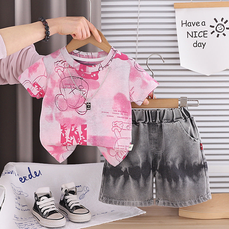 Baby clothes summer thin style children's clothing necklace two-piece set stylish cartoon short-sleeve outfit for one-year-old boy