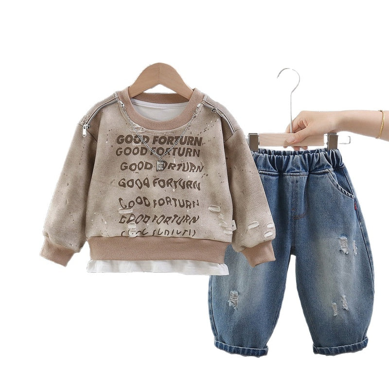 Boys' Spring and Autumn Sweatshirt 2026 New Fashionable Baby Fall Outfit with Full Letter Print on the Chest, Two-Piece Stylish Set