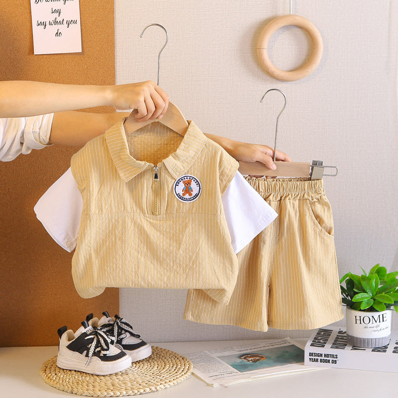 Boys' stylish children's clothes for boys, toddler clothing, baby summer outfit, 3-year-old vertical stripe half-zip short-sleeve set, trendy