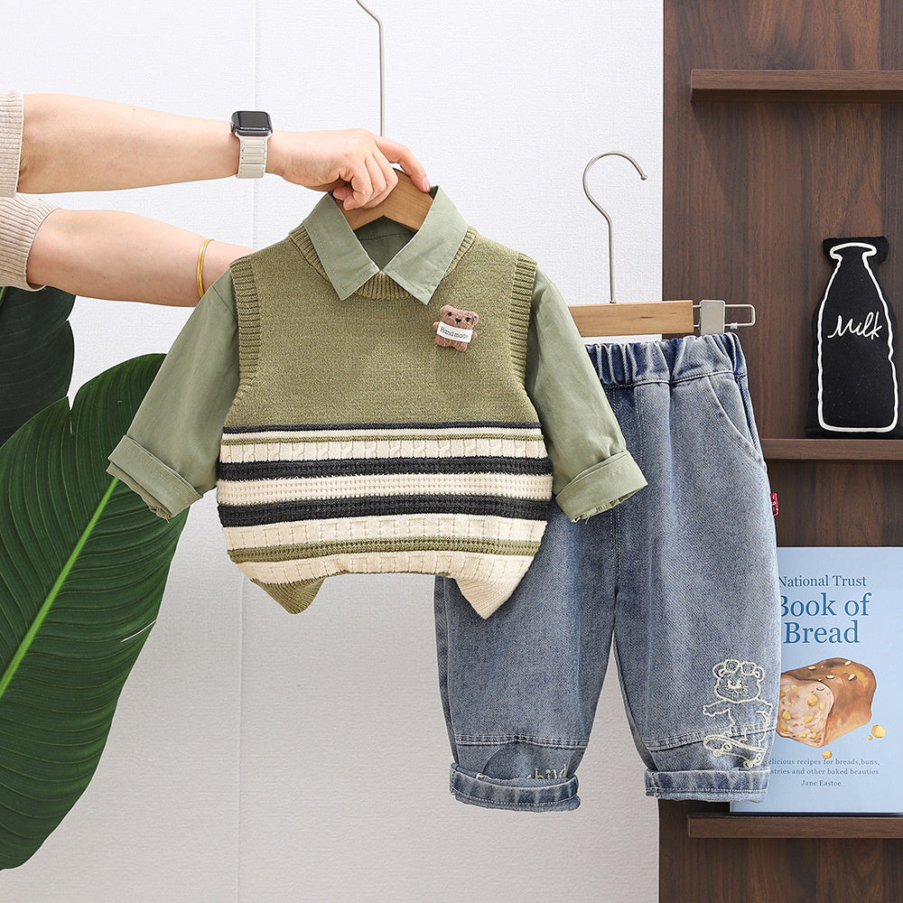 Boys' and Autumn Outfit 2026 New Stylish 1-3 Year Olds, Spring Striped Bear Vest Three-Piece Set for Toddlers