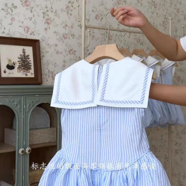 Girls' French Navy Collar Blue Striped Dress, Stylish and Elegant Slim Fit Bud Dress N222