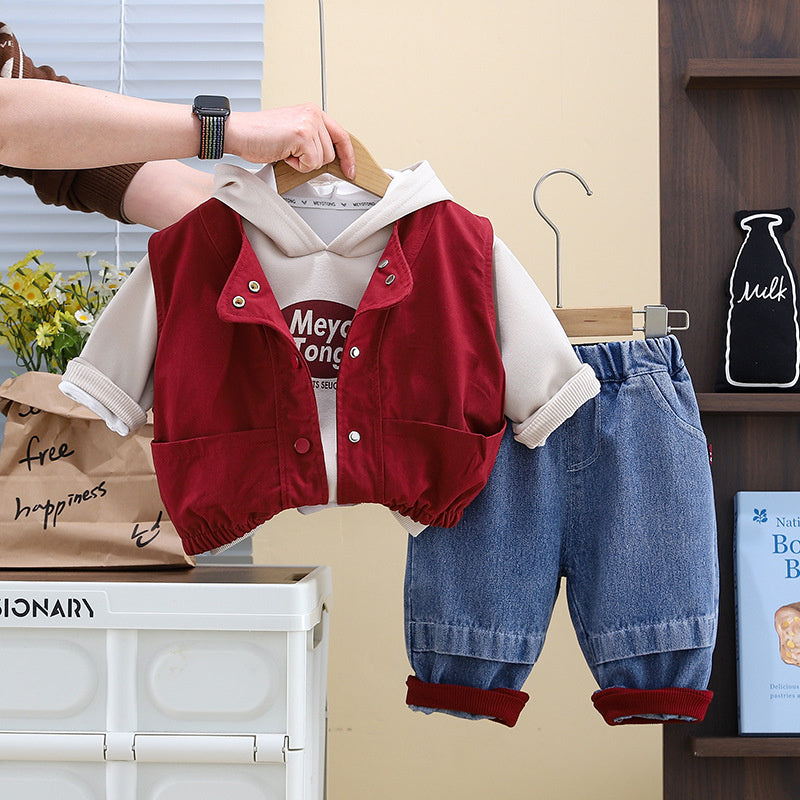 Children's Clothing Outfit Solid Color Letter Hooded Vest Three-Piece Set Spring Autumn Baby Boys Clothes Trendy