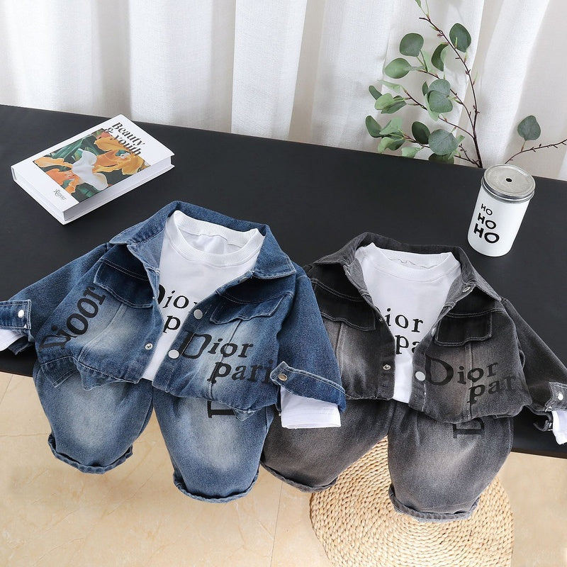 Boys' Letter Print Denim Suit Outfit 2026 New Trendy Children's Clothing Baby Spring and Autumn Fashionable Three-Piece Set