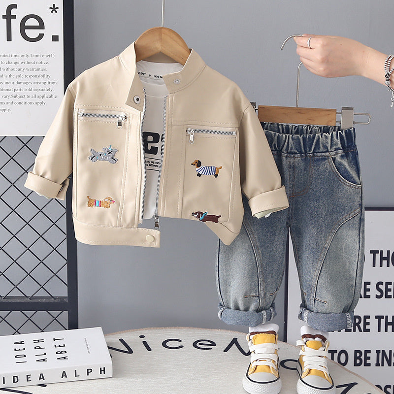 Outfit 2026 New Fashionable Casual Boys' Stand Collar Puppy Leather Jacket Spring Autumn Three-Piece Set