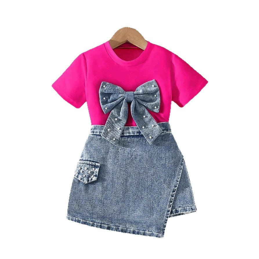 2026 European and American cross-border children's clothing set: girls' bowknot pearl T-shirt + fashionable denim skirt-pants two-piece set
