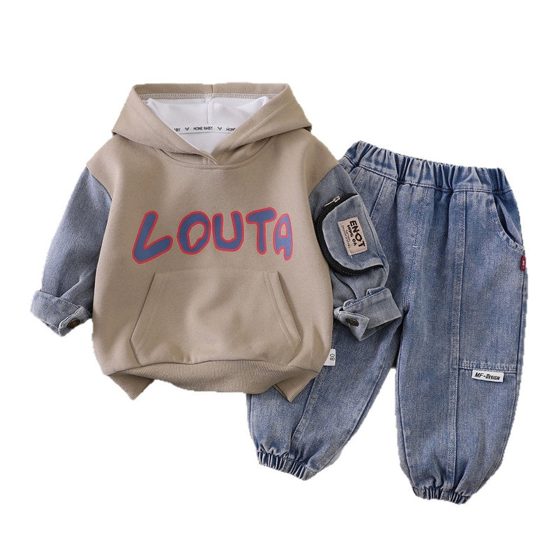Boys' Outfit 2026 Model Spring Autumn Clothes for Infants and Toddlers, Stylish Casual Denim Patch-Sleeve Two-Piece Set Trendy