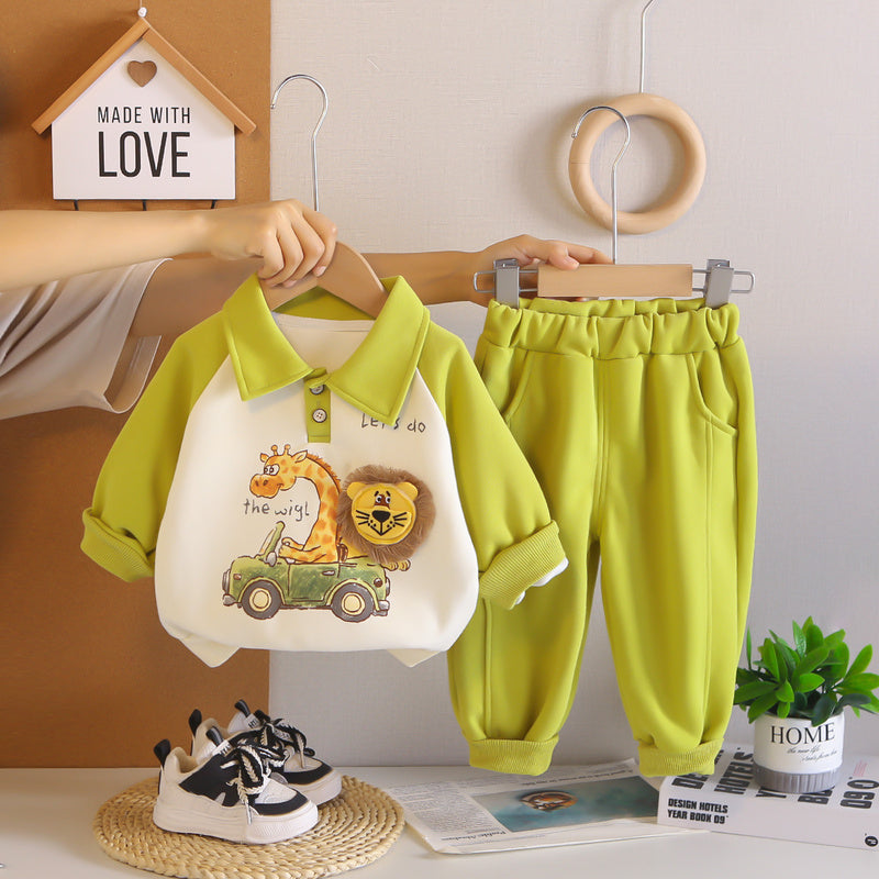 Boys' Suit 2026 New Fashionable Cute Children's Outfit with Turn-down Collar 3D Lion Design, Two-piece Set for Baby, Spring and Autumn Trendy Wear