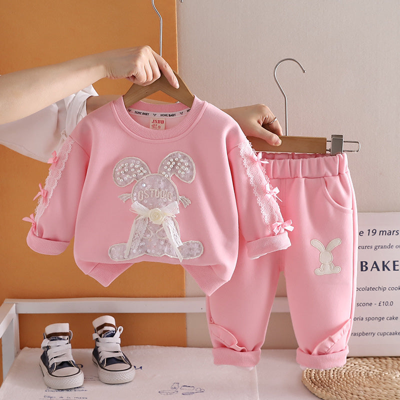 Girls' Outfit Set, Stylish Fashionable, for 0-3 Year Old Baby Girls, Spring and Autumn Beaded Rabbit Clothes, Infant Children's Clothing