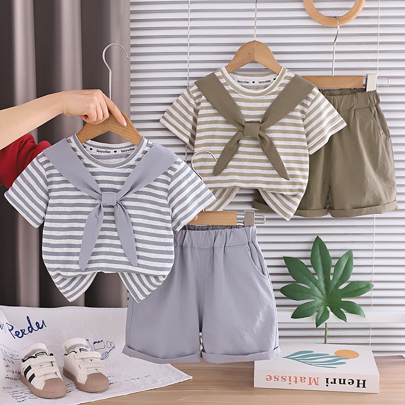 Boys' Outfit 2026 New Fashionable Toddler Summer Round Neck Striped Shawl Short Sleeve Thin Clothing