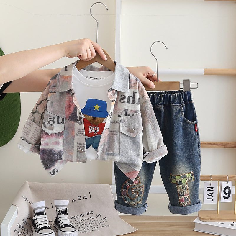 Boys' Outfit Children's Graffiti Workwear Stylish 1-2-3-4 Years Old Baby Spring Autumn Three-Piece Set One Piece Dropshipping