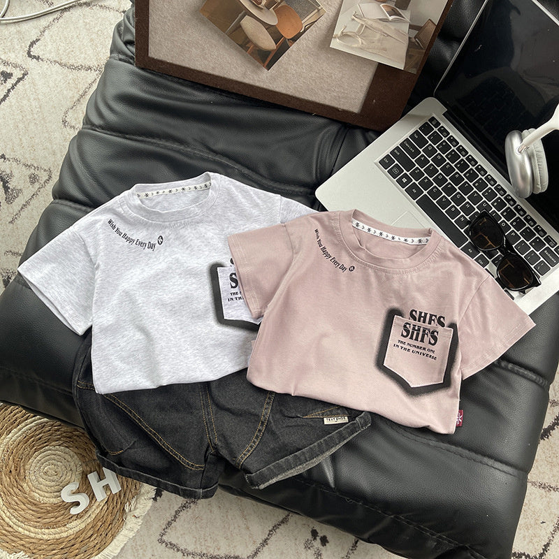 Children's clothing for boys, outfit, baby pocket letter print short-sleeve set, 2026 summer style, stylish boys' children's clothes